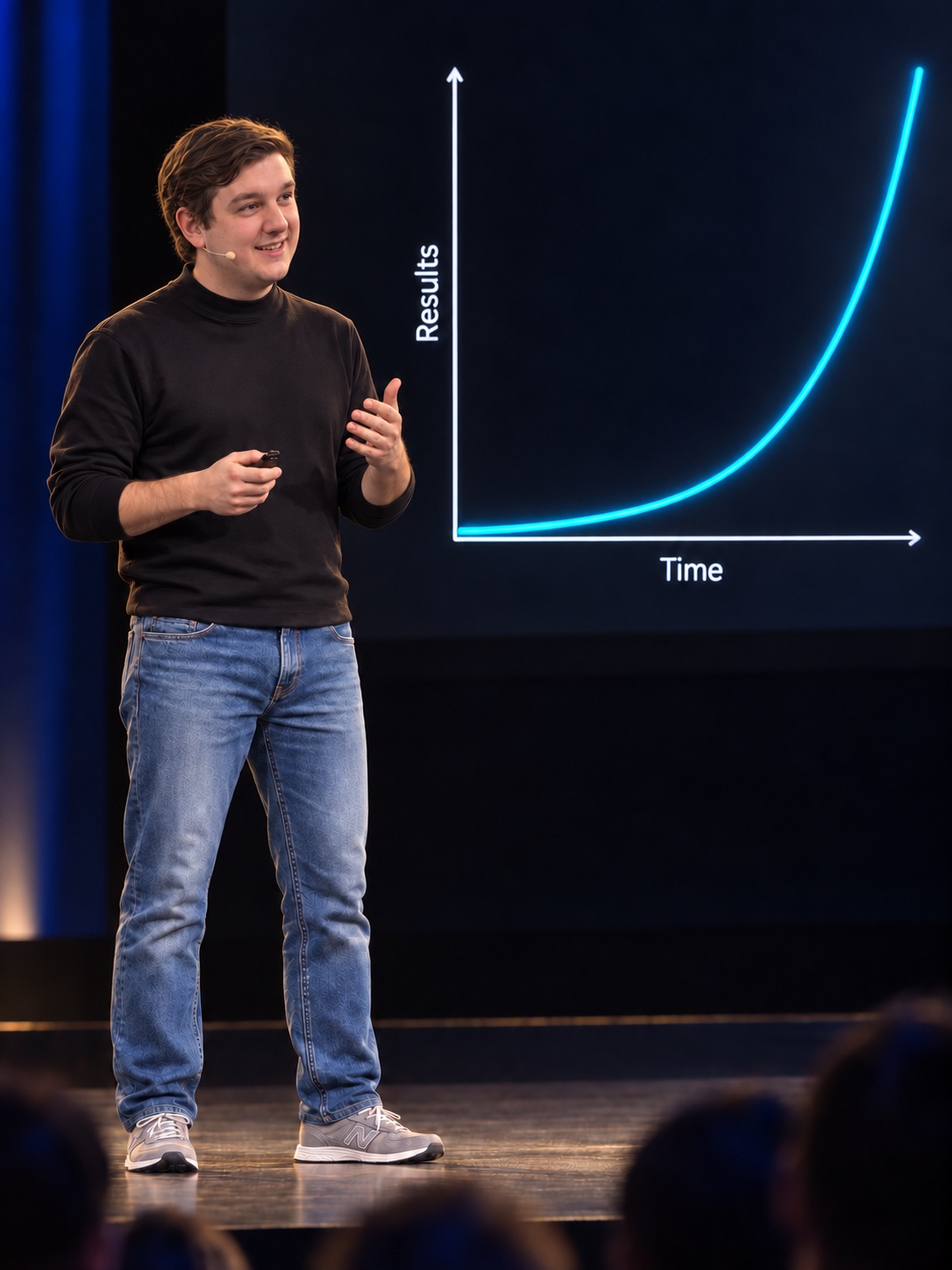 Elias Belzberg on stage presenting a chart of results going up and to the right